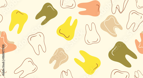 Fun seamless pattern featuring colorful teeth shapes and outlines in yellow green pink and beige on a cream base.