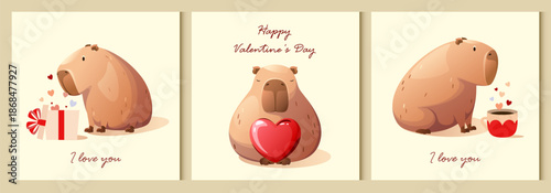 A set of posters with cute capibaras for Valentine's Day. Vector.
