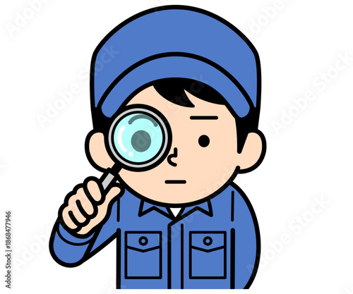 虫眼鏡で観察するシンプルな作業員の男性