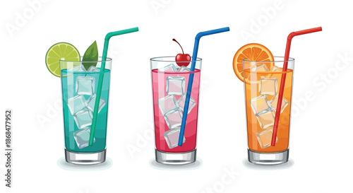 এসইও-ফ্রেন্ডলি টাইটেল (SEO-Friendly Title): Vector illustration of three refreshing summer cocktails with ice cubes, straws, and fruit garnishes like lime, cherry, and orange.