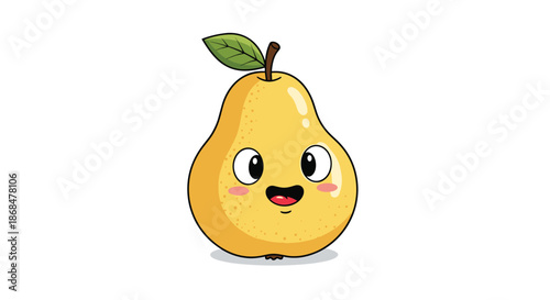 Adorable cartoon pear character with a happy smiling face big eyes and rosy cheeks against a white background.