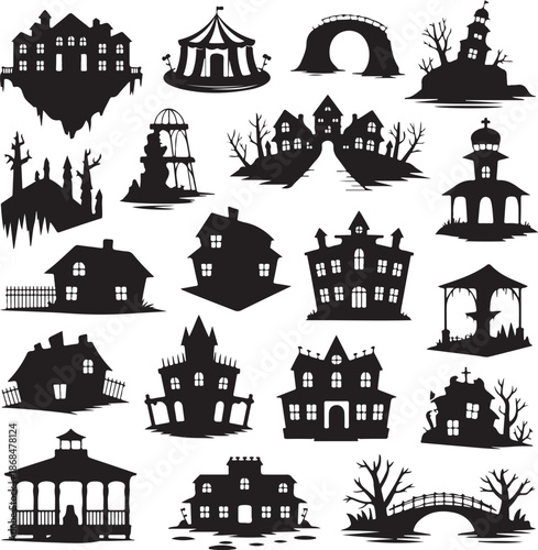 black silhouette of various spooky buildings and structures