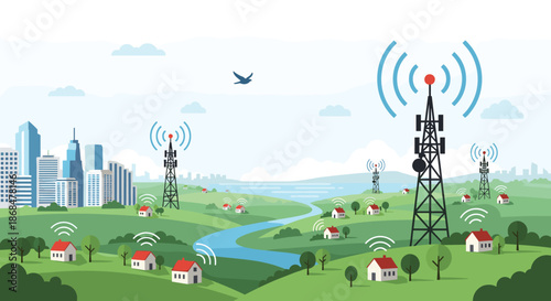Digital landscape illustration showing cellular towers transmitting wireless signals to rural houses with a city skyline.
