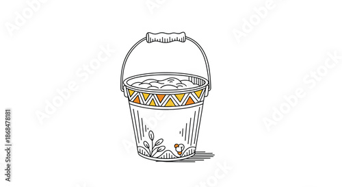 Hand drawn illustration of a decorative bucket filled with white fluffy foam or flour isolated on white background.