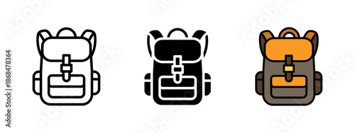 Backpack icon. Travel and hiking rucksack symbol for camping, tourism and outdoor adventure. Backpack illustration in outline, solid and colored styles, isolated on white background.