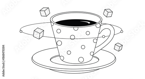 Whimsical line drawing of a polka-dotted coffee cup with sugar cubes orbiting around it like planets on a saucer platter.