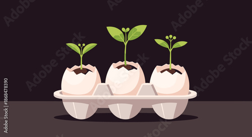 Conceptual illustration of three small green sprouts growing in white eggshells placed in a cardboard egg carton.