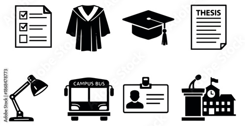 Academic icon set featuring graduation and campus life symbols for university and college concepts