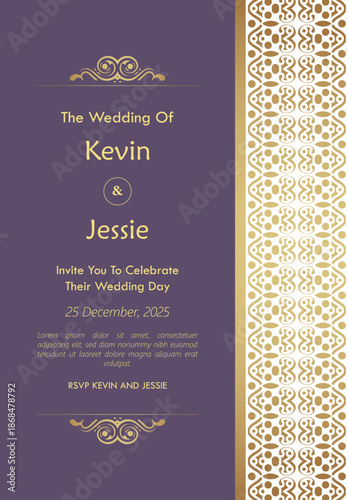 Elegant Decorative Wedding Invitation Card with Golden Ornament Border