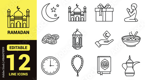 Black line icon set for Ramadan and Islamic culture featuring mosque, crescent moon, prayer, food, charity, and celebration