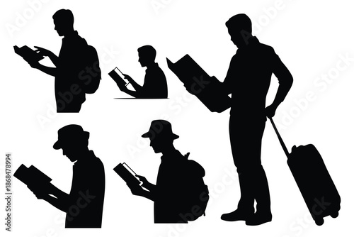 Silhouettes of People Reading and Traveling with Luggage