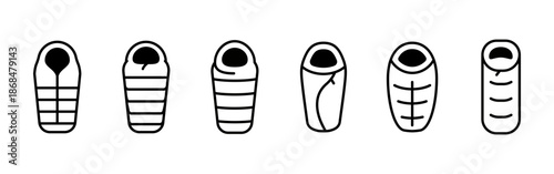 Sleeping bag line icon. Camping and outdoor gear outline symbol for hiking and travel. Sleeping bag illustration for tourism, adventure, and survival concepts. Outline and line pictogram isolated.