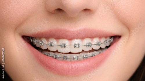 Close-up of a smiling mouth with metal braces, showing straight white teeth and natural lips, representing orthodontic treatment and dental care.