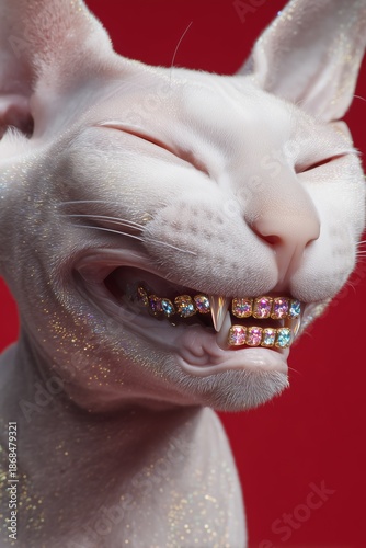 Cat with shiny dental grill smiles in front of red background during creative portrait session indoors