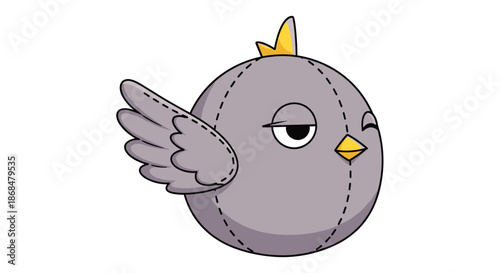 A cute cartoon round bird plush toy with a winking eye, a yellow crest, and visible stitch details on its body.