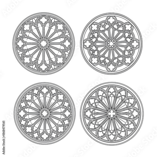 এসইও-ফ্রেন্ডলি টাইটেল (SEO-Friendly Title): Set of four detailed Gothic rose window vector ornaments featuring intricate cathedral-style stonework and circular architectural patterns.