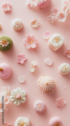 Colorful sweets and flowers arranged on a pink surface for a celebration or event in spring season