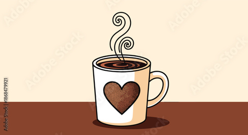 A steaming mug of hot coffee or cocoa with a textured heart design, illustrated in a cute, warm, and cozy cartoon style.