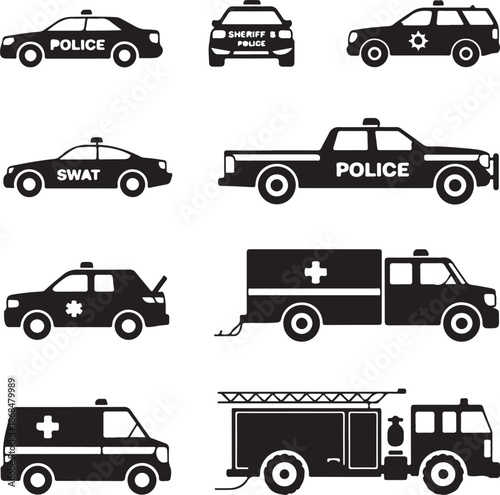 emergency vehicles icons including police cars and ambulances