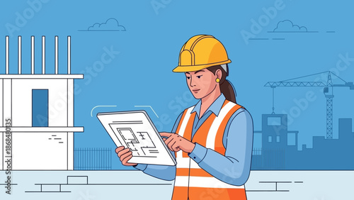 Female architect reviewing construction plans on a building site