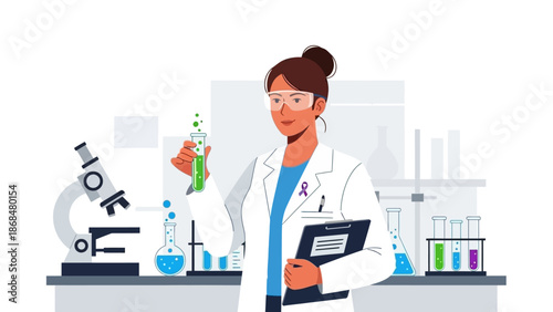 Scientist Conducting Experiment in Laboratory Setting with Various Equipment and Chemicals