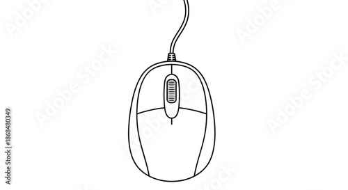 Simple black outline illustration of a standard wired optical computer mouse with a scroll wheel, viewed from the top, isolated on a white background.
