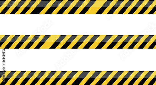 SEO-Friendly Title Vector illustration of yellow and black diagonal striped caution tapes, warning ribbons, and industrial barrier strips isolated on white.