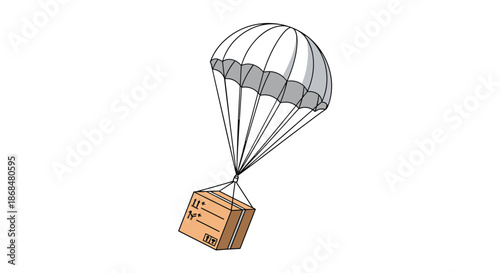 Cartoon illustration of a cardboard package attached to a parachute, floating down for an airdrop or representing a fast shipping and delivery service.