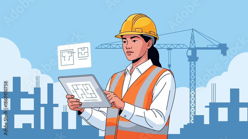 Female engineer reviewing building plans on tablet at construction site with cranes and scaffolding in the background