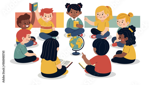 Diverse children gathered around a globe learning about the world in a colorful classroom setting