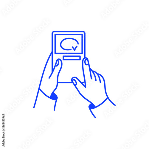 Vector simple doodle linear illustration, hands holding phone, with check mark
