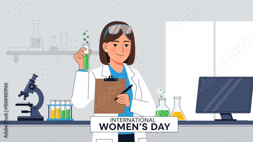 A female scientist conducting an experiment in a modern laboratory setting on International Women's Day