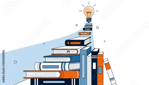 A stack of books with a glowing light bulb on top, symbolizing knowledge and creativity