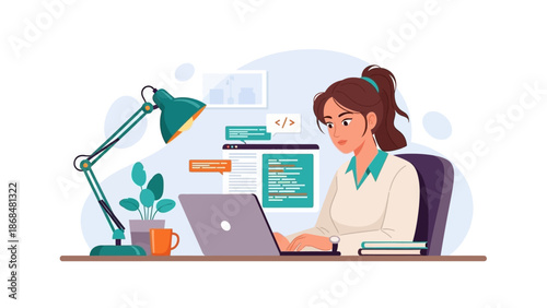 Dedicated female developer focused on coding at her laptop, engaged in remote software engineering from a home office workspace