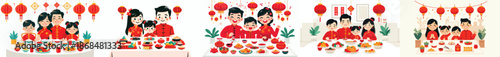vector of family eating together during Chinese New Year celebrations