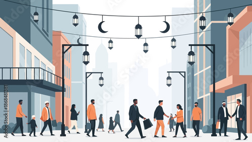 Bustling city street with diverse people interacting under festive crescent moon lanterns, symbolizing community connection and urban cultural celebration
