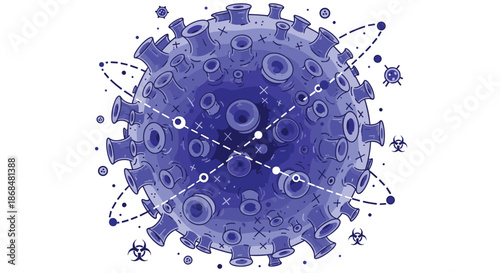 Detailed and stylized artistic illustration of a coronavirus or virus particle in purple, showing spikes and a complex surface with biohazard symbols.