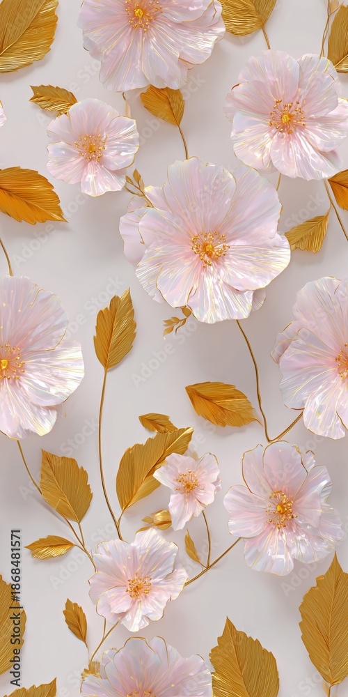 Fototapeta premium Floral design with pink flowers and gold leaves on a light background for decoration or art project