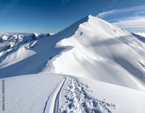 Snow-covered mountain ridge with hikers ascending towards a peak, bright sunlight