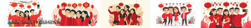 vector of friends taking selfies together during Chinese New Year celebrations