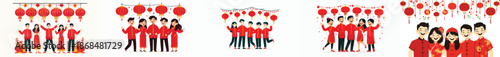vector of friends standing together under lanterns on Chinese New Year