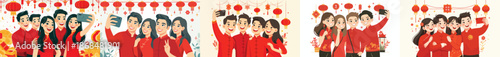 vector of friends taking selfies together during Chinese New Year celebrations