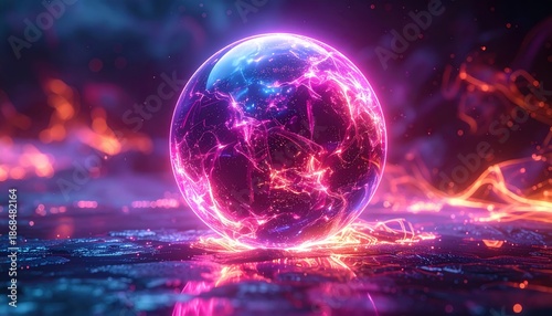 A glowing 3d blue planet Earth rotates in the dark galaxy space among stars and clouds with the sun light illuminating the global atmosphere and world map