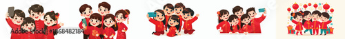 vector of children taking selfies together during Chinese New Year celebrations