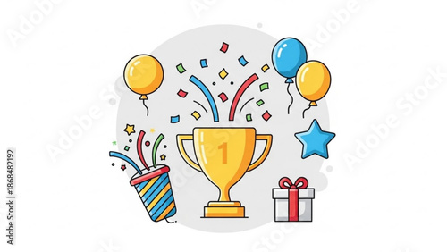 A gold trophy with colorful confetti and balloons celebrating a first place win with a gift and party popper with celebration and award and victory