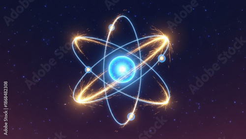 Vibrant glowing atom structure with electrons orbiting around nucleus in space with atomic and science and technology and education and starry night