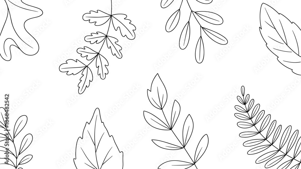 Fototapeta premium Botanical Leaf Outline Collection Vector Illustration: Assorted Nature Elements, Hand-Drawn Style, Minimalist Design, Seasonal Decor, Organic Patterns, Botanical Art, Plant Graphics, Elegant Flora,
