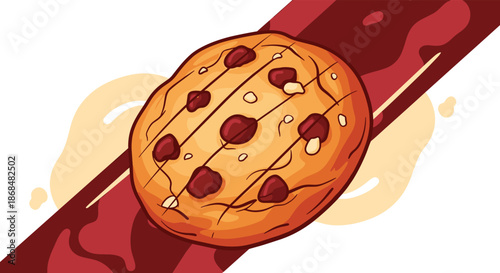 Delicious-looking cartoon illustration of a freshly baked chocolate chip cookie with a dynamic brown and cream background, representing dessert and baking.