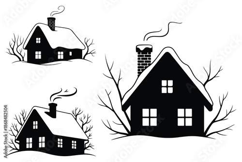 Three Black Houses with Chimneys and Bare Trees white