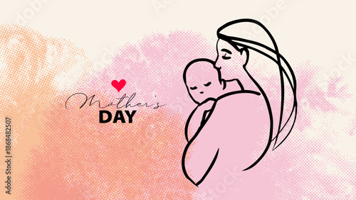 Happy Mother's Day greeting card. Mom and baby line art. Motherhood and newborn concept. Halftone watercolor soft background. Vector illustration